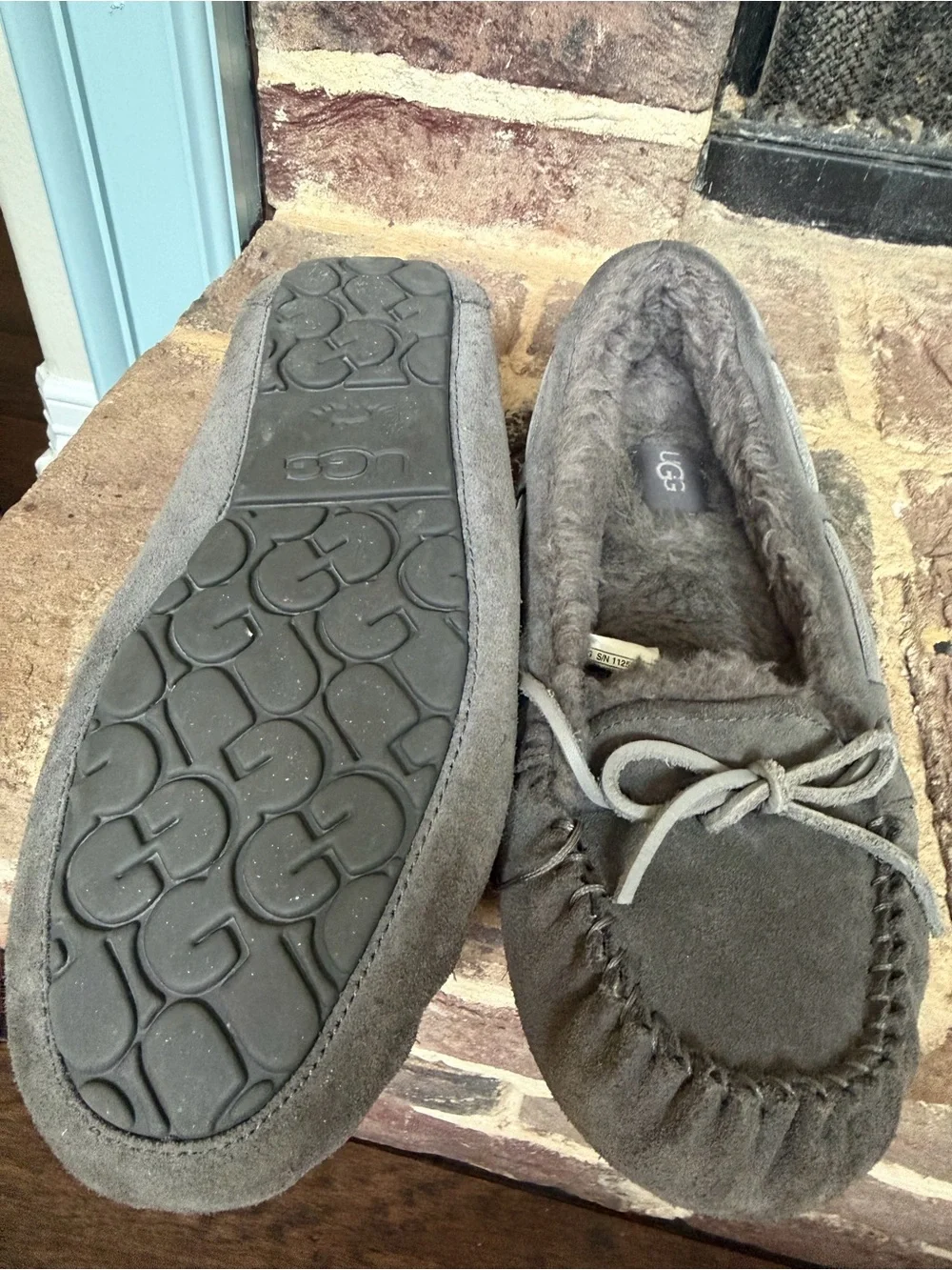UGG womens Gray Suede Moccasin Slippers with Sheepskin Lining
